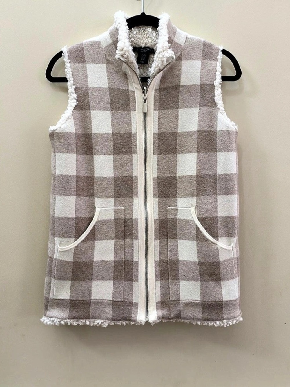 Cynthia Rowley Active Sherpa Vest Checkered Sherpa Vest in Brown & White XS Like
